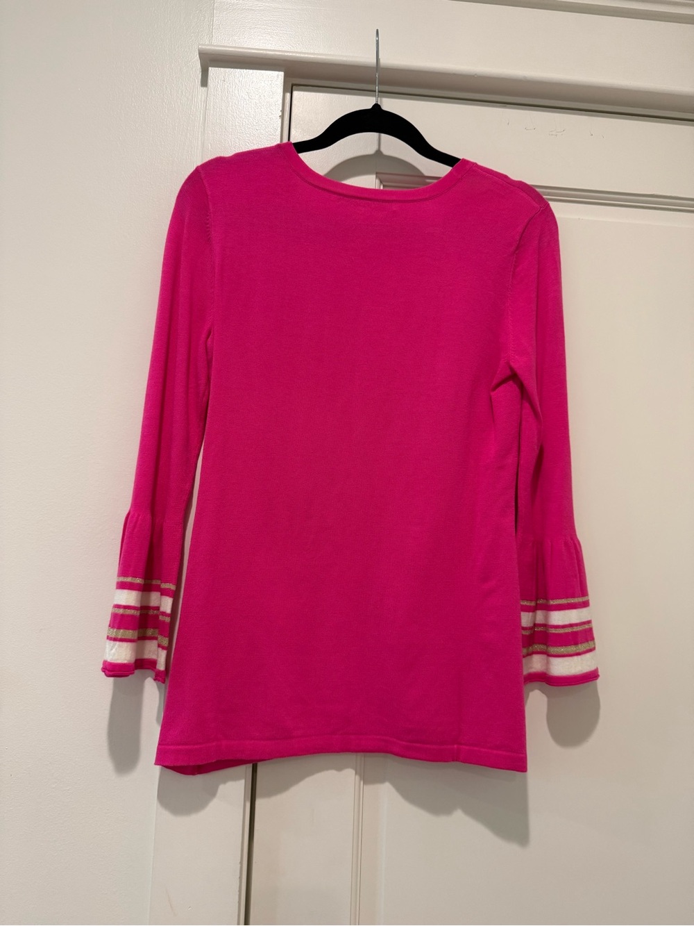 Women’s Bright Pink Bell-Sleeve Knit Top with Button Shoulder - Picture 2 of 3